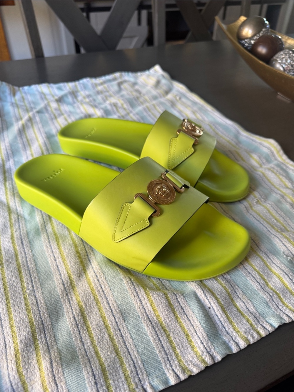 Versace Lime Green Slide Sandals with Gold Medallion Accent